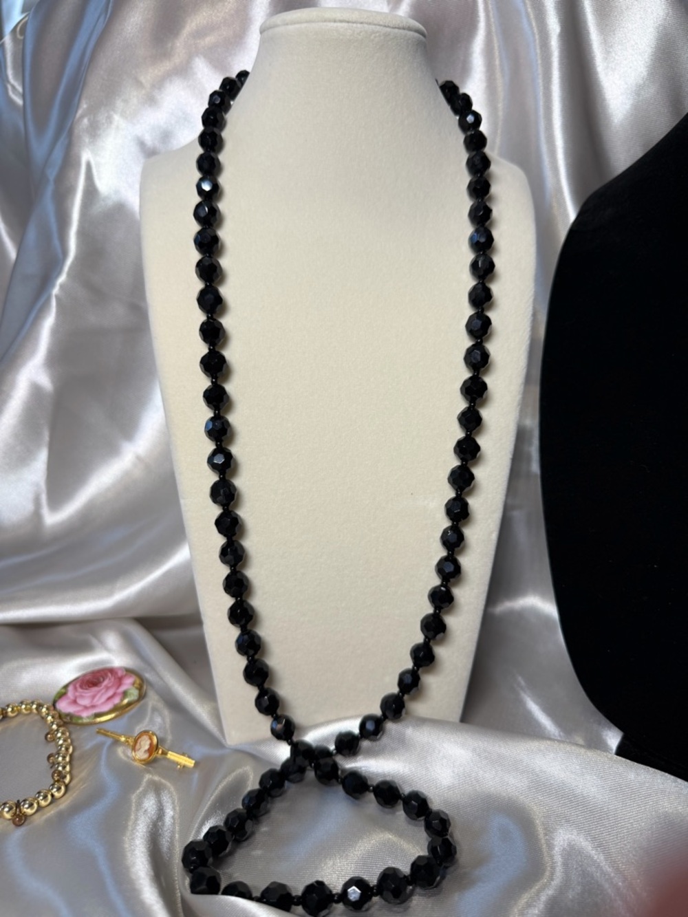 Vintage French Jet Style Black Glass Bead Necklace - 3oz Heavy Faceted Glass